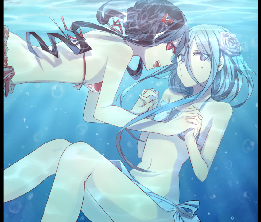 2girls :/ aoki_hagane_no_arpeggio arpeggio_of_blue_steel ashigara_(aoki_hagane_no_arpeggio) atago_(aoki_hagane_no_arpeggio) bikini black_hair blue_eyes blue_hair hair_ornament holding_hands interlocked_fingers looking_at_viewer multiple_girls navel open_mouth red_eyes shokushu_ura submerged sweat swimsuit tagme