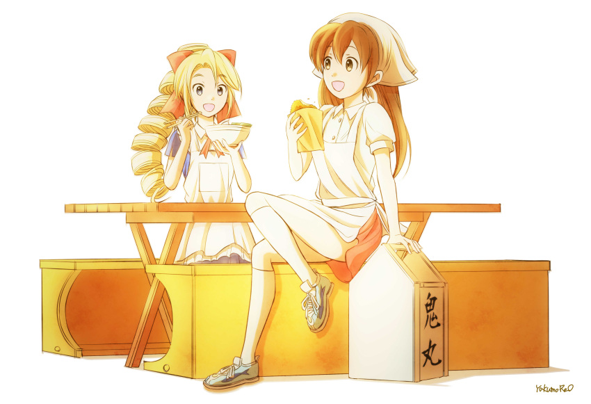 2girls absurdres apron black_eyes blonde_hair bow bowl brown_eyes chopsticks drill_hair eating food food_delivery_box hair_bow head_scarf highres kannazuki_megumi kneehighs long_hair looking_at_another multiple_girls muteki_kanban_musume onimaru_miki open_mouth ribbon shoes sitting skirt smile sneakers table white_background yakumoreo