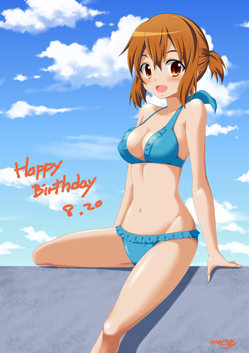 1girl :d bikini blue_bikini blush breasts brown_eyes brown_hair cleavage clouds collarbone dated english fang frilled_bikini frills happy_birthday highres inokuma_youko kaze_makase kin'iro_mosaic looking_at_viewer navel number open_mouth outdoors ponytail short_hair short_ponytail sitting smile solo swimsuit twintails