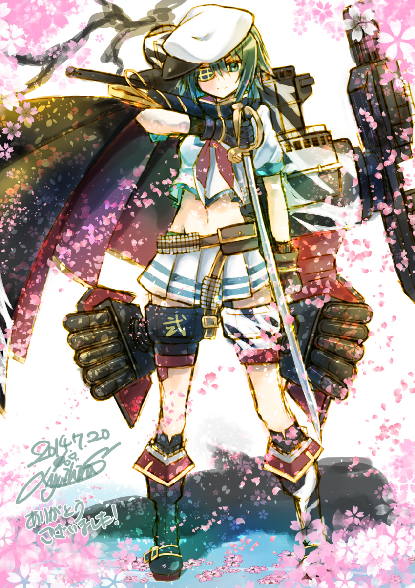 1girl ammunition_belt black_gloves boots cape dated eyepatch gloves green_eyes green_hair hat highres kantai_collection kiso_(kantai_collection) looking_at_viewer machinery midriff neckerchief petals pleated_skirt saber_(weapon) sailor_collar sailor_hat short_hair signature skirt smile solo sword weapon yuihira_asu