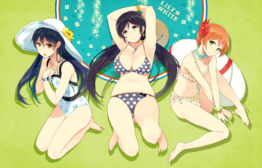 3girls alternate_hair_color arms_up barefoot bikini black_hair blue_hair bracelet breasts brown_eyes casual_one-piece_swimsuit choker earrings floral_print flower green_eyes hair_flower hair_ornament hands_on_own_chest hat hat_flower hibiscus hoshizora_rin innertube jewelry large_breasts long_hair love_live!_school_idol_project multiple_girls navel necklace one-piece_swimsuit orange_hair polka_dot polka_dot_bikini polka_dot_swimsuit print_bikini print_swimsuit ribbon_choker sasamori_tomoe scrunchie seiza short_hair sitting smile sonoda_umi sun_hat swimsuit toujou_nozomi twintails v_arms very_long_hair wrist_scrunchie wristband