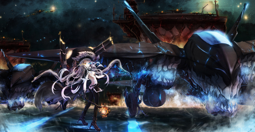 1girl aircraft_carrier airplane blue_eyes boyogo cape enemy_aircraft_(kantai_collection) fighter_jet glowing glowing_eyes heterochromia high_heels highres jet kantai_collection long_hair looking_at_viewer monster pale_skin shinkaisei-kan silver_hair solo staff tentacles turret wo-class_aircraft_carrier yellow_eyes