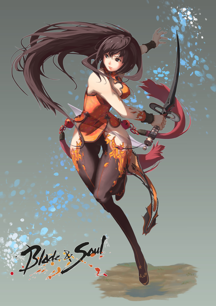 absurdres black_hair blade_&amp;_soul breasts brown_eyes character_request cleavage fighting_stance highres lkr long_hair sleeveless sleeveless_shirt sword thigh_gap tight_pants weapon