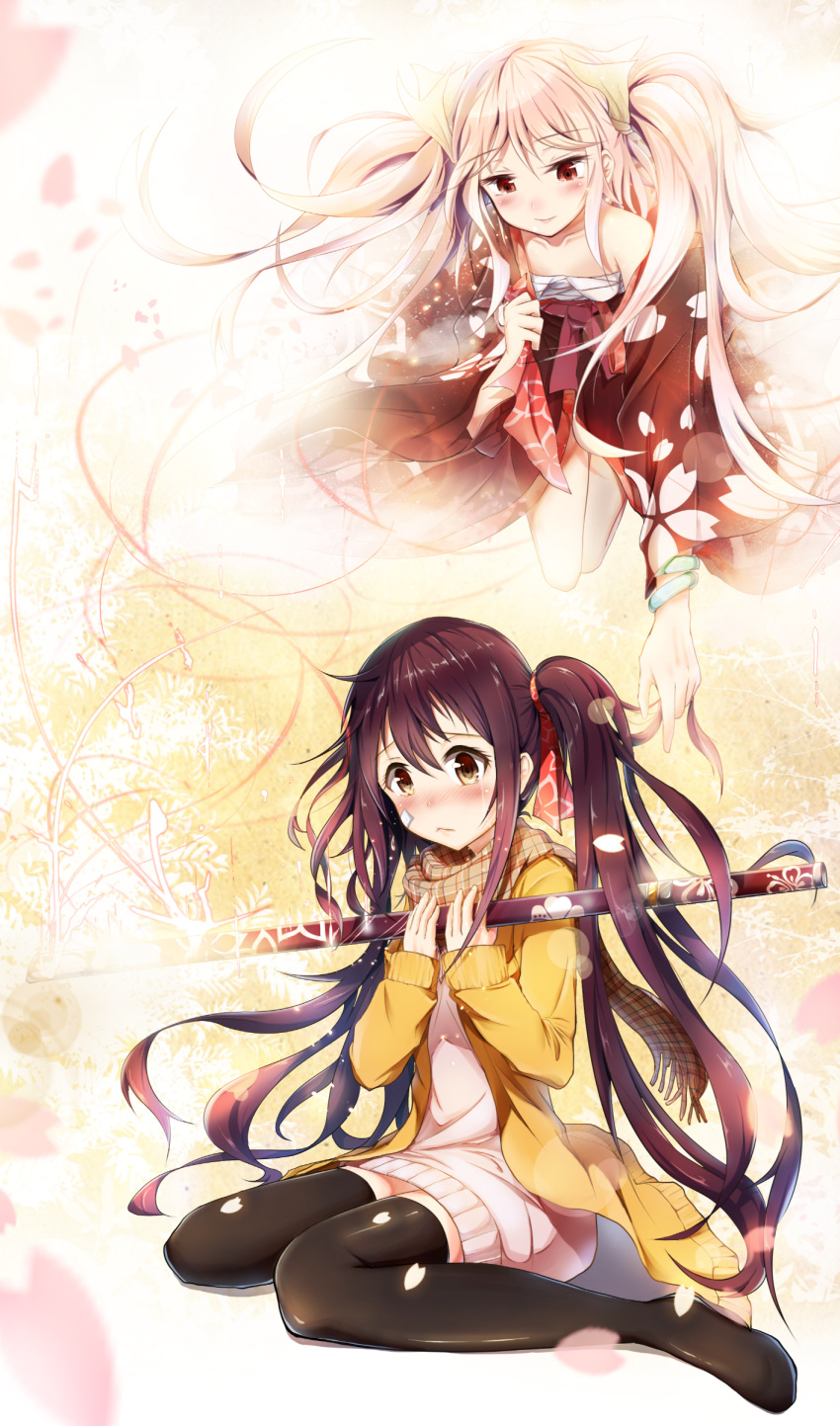 2girls 3: absurdres bandages bent_over black_legwear blurry blush boyogo bracelet brown_eyes brown_hair crying crying_with_eyes_open depth_of_field hair_ornament hair_ribbon highres holding japanese_clothes jewelry katana kimono long_hair multiple_girls original petals pink_hair ribbon sarashi scarf sitting smile sweater sword tagme tears thigh-highs twintails very_long_hair weapon zettai_ryouiki
