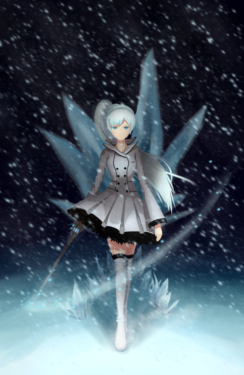 1girl absurdres blue_eyes boots coat_dress condensation_trail dress glowing glowing_sword glowing_weapon high_ponytail highres ice lace lace-trimmed_thighhighs long_hair long_ponytail night petticoat pleated_skirt ponytail rapier rwby side_ponytail skirt snow snowing solo sword thigh-highs thigh_boots trench_coat weapon weiss_schnee white_dress white_hair zellmos