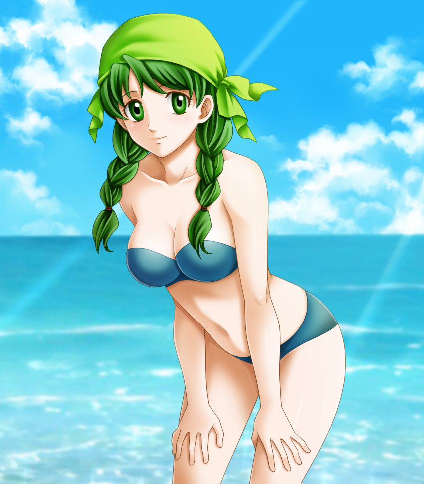 1girl bandana bikini braid fire_emblem fire_emblem:_rekka_no_ken green_eyes green_hair highres rebecca_(fire_emblem) swimsuit tamamon twin_braids twintails