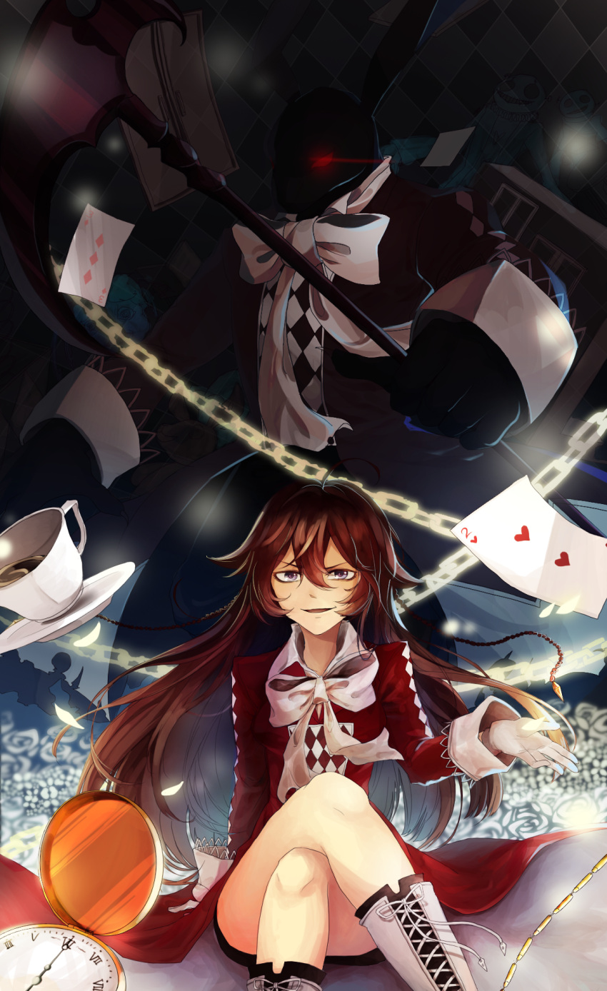1girl alice_(pandora_hearts) argyle argyle_background b-rabbit boots bow braid brown_hair chain_(pandora_hearts) clock crossed_legs cup flower gloves highres long_hair open_mouth pandora_hearts rabbit rose sitting smile teacup violet_eyes weapon