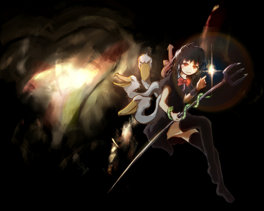 1girl asymmetrical_wings bird black_background black_hair black_legwear black_skirt commentary_request energy_ball eyes glowing hand_print heart highres houjuu_nue innelysion no_shoes pointing polearm red_eyes shoebill short_hair skirt snake tagme thigh-highs touhou trident weapon what wings zettai_ryouiki