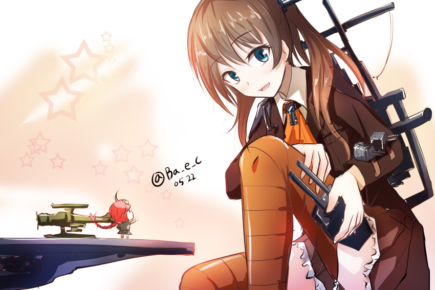 1girl airplane ascot blue_eyes boyogo brown_hair dated fairy_(kantai_collection) hair_ornament highres kantai_collection kumano_(kantai_collection) long_hair looking_at_viewer machinery parted_lips pleated_skirt school_uniform size_difference sketch skirt smile striped striped_legwear tagme twitter_username