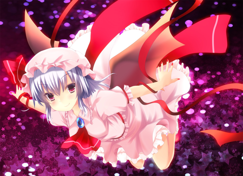 1girl ajiriko ascot bat_wings fang_out flying hat looking_at_viewer mob_cap outstretched_arms red_eyes remilia_scarlet ribbon short_hair silver_hair smile solo spread_arms star starry_background tagme touhou wings