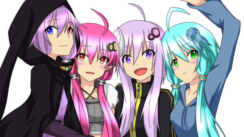 4girls ahoge alternate_hair_color aqua_hair green_eyes hair_ornament heterochromia highres hood long_hair low_twintails multiple_girls multiple_persona nagineko open_mouth purple_hair red_eyes redhead smile twintails violet_eyes vocaloid yuzuki_yukari