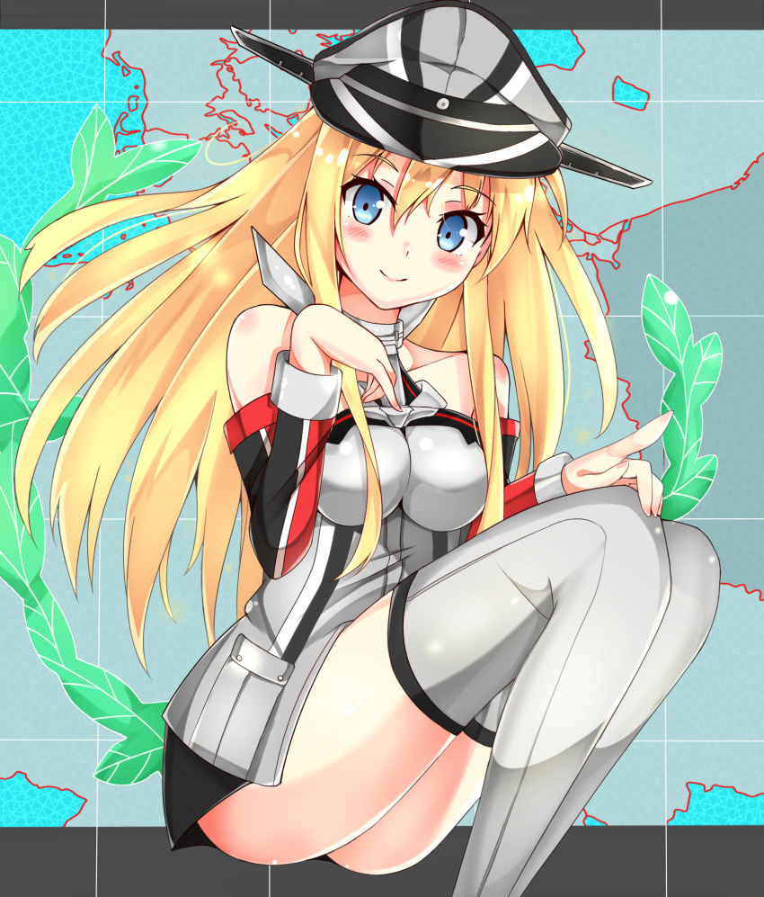 1girl anchor bare_shoulders bismarck_(kantai_collection) blonde_hair blue_eyes blush breasts detached_sleeves folded_leg grey_legwear hand_on_knee hat highres hobii_(lebataka08) kantai_collection long_hair looking_at_viewer map military military_uniform peaked_cap smile solo thigh-highs uniform