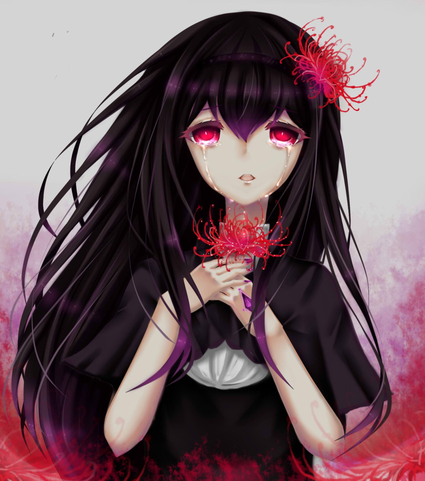 1girl akemi_homura black_hair crying crying_with_eyes_open dress flower funeral_dress grey_background hairband hands_on_own_chest head_flower highres long_hair looking_at_viewer mahou_shoujo_madoka_magica mahou_shoujo_madoka_magica_movie nail_polish open_mouth red_eyes sheya simple_background solo spider_lily spoilers tears