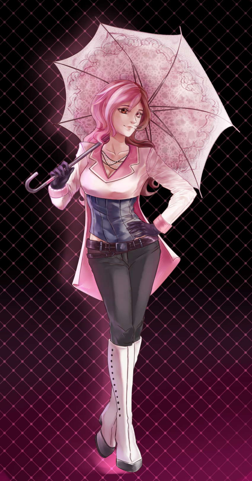 1girl argyle argyle_background belt belt_buckle black_gloves black_pants bn_lorrie boots breasts brown_eyes brown_hair cleavage coat collarbone corset cropped_jacket gloves hand_on_hip heterochromia highres jewelry knee_boots long_coat long_hair multicolored_hair necklace neo_(rwby) pants parasol pink_clothes pink_eyes pink_hair rwby solo two-tone_hair umbrella