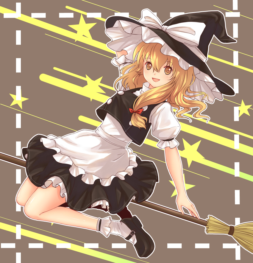 :d absurdres arm_up blonde_hair bobby_socks bow broom broom_riding dutch_angle hair_ribbon hat hat_bow highres kirisame_marisa knees_together_feet_apart mary_janes open_mouth puffy_short_sleeves puffy_sleeves ribbon shoes short_sleeves sidesaddle skirt skirt_set smile socks star touhou turtleneck vest witch_hat x&amp;x&amp;x yellow_eyes