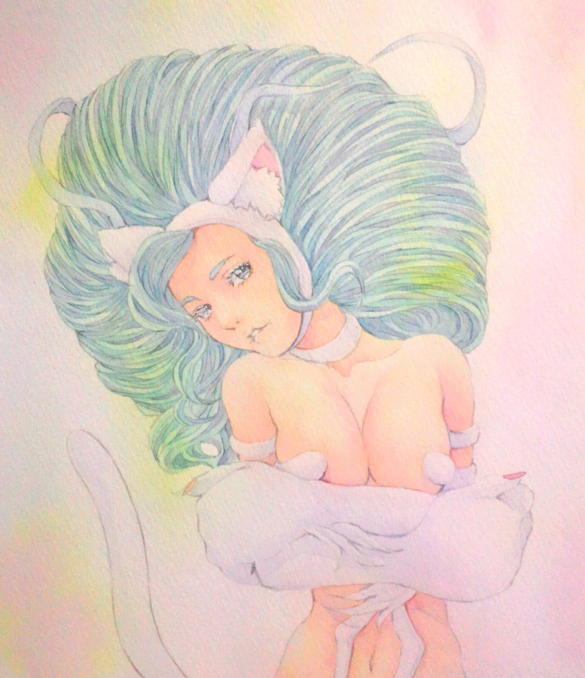 1girl animal_ears bare_shoulders big_hair blue_eyes blue_hair breasts cat_ears cat_tail choker cleavage collarbone crossed_arms felicia head_tilt highres long_hair looking_at_viewer navel parted_lips paws pink_background solo tail traditional_media vampire_(game) watercolor_(medium) yuyu_(00365676)