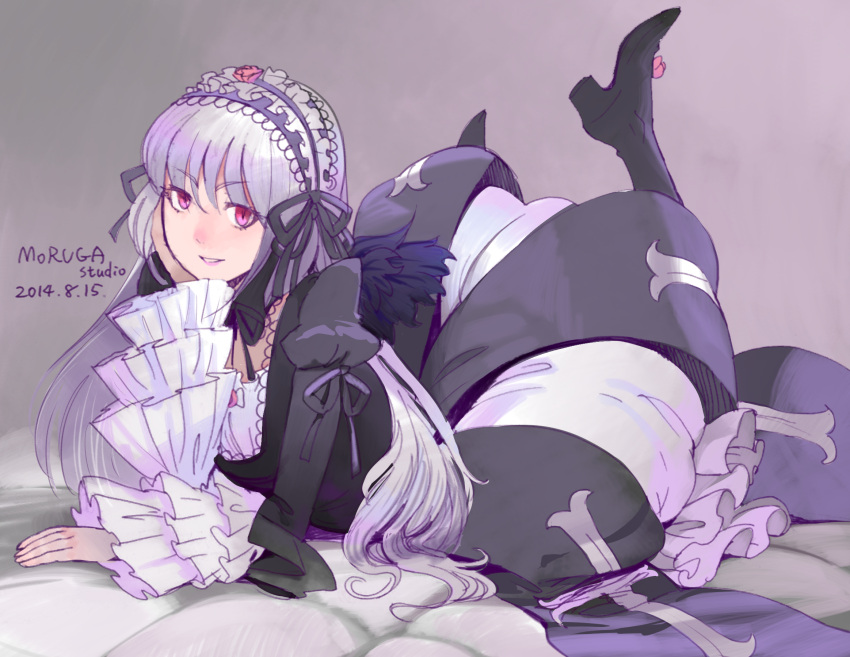 1girl arm_support artist_name boots bow chin_rest dated dress frilled_sleeves frills gothic_lolita hairband high_heels highres lavender_hair lolita_fashion lolita_hairband long_hair looking_at_viewer lying moruga on_stomach pink_eyes rozen_maiden silver_hair smile solo suigintou