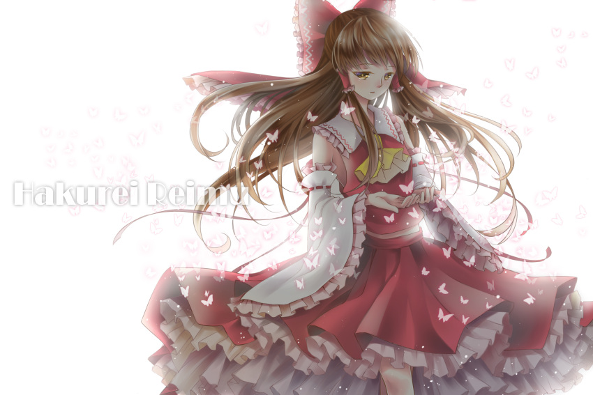 ascot bow brown_hair butterfly butterfly_on_hand character_name cowboy_shot detached_sleeves expressionless frilled_skirt frilled_sleeves frills hair_bow hair_tubes hakurei_reimu highres ling_(vivianling) long_hair looking_at_hands midriff ribbon-trimmed_sleeves ribbon_trim simple_background skirt touhou very_long_hair white_background yellow_eyes