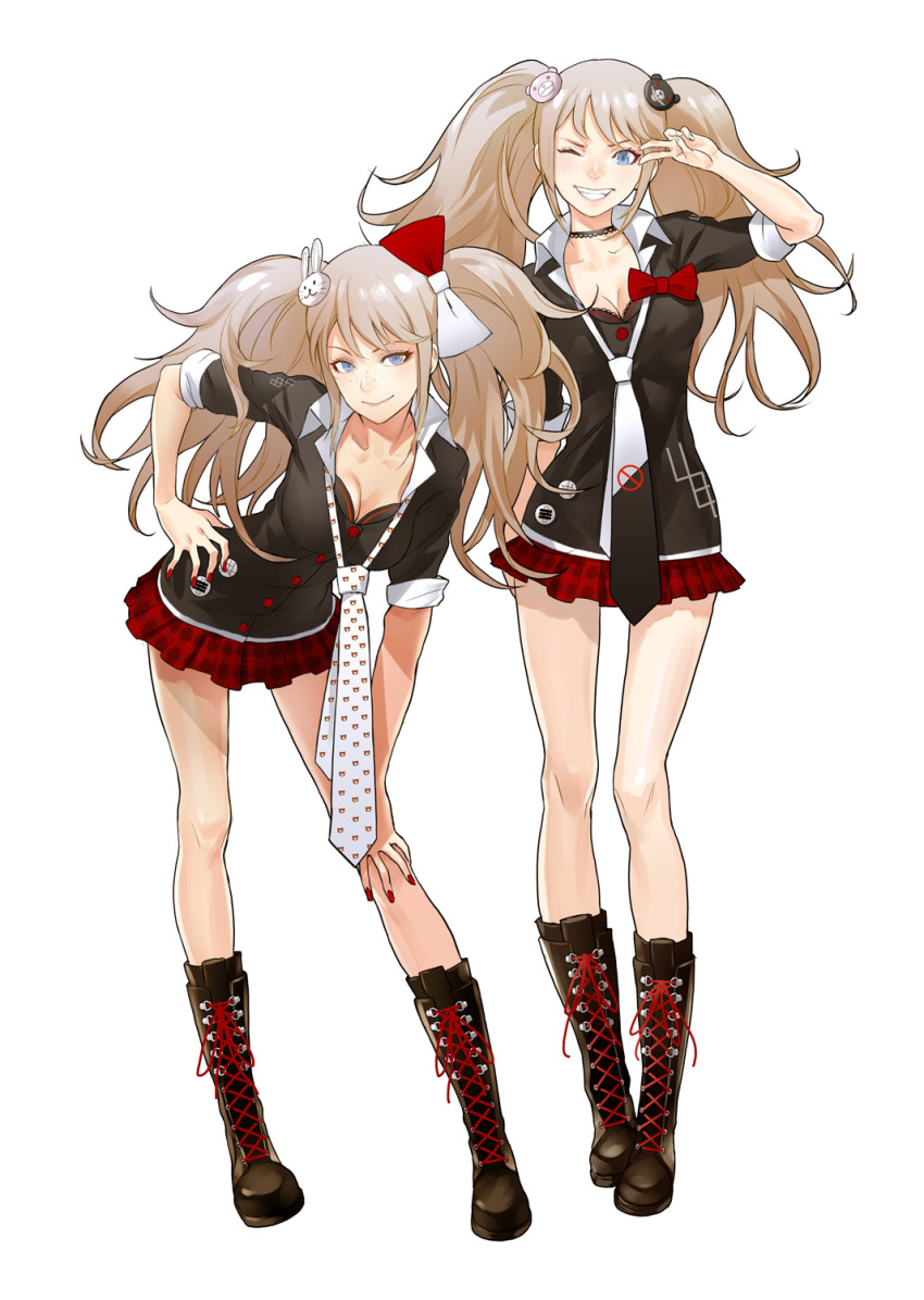 2girls blonde_hair boots breasts cleavage cross-laced_footwear dangan_ronpa enoshima_junko freckles highres ikusaba_mukuro lace-up long_hair long_legs looking_at_viewer multiple_girls nail_polish necktie redjuice siblings simple_background sisters smile spoilers twins twintails white_background wink