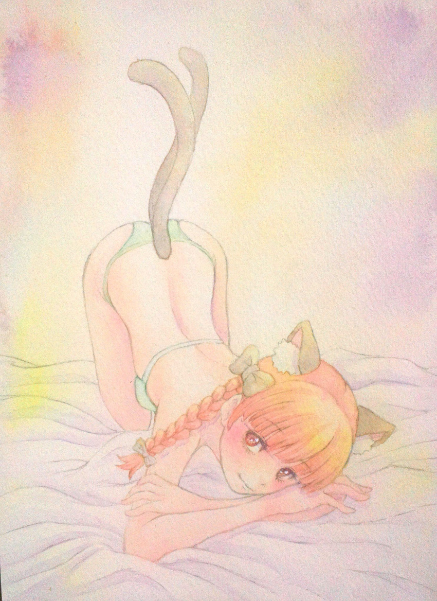1girl alternate_costume animal_ears back bed_sheet bikini bow braid cat_ears cat_tail crossed_arms eyelashes green_bikini hair_bow highres kaenbyou_rin light_smile looking_at_viewer multiple_tails orange_hair pink_background red_eyes solo swimsuit tail top-down_bottom-up touhou traditional_media two_tails watercolor_(medium) yuyu_(00365676)