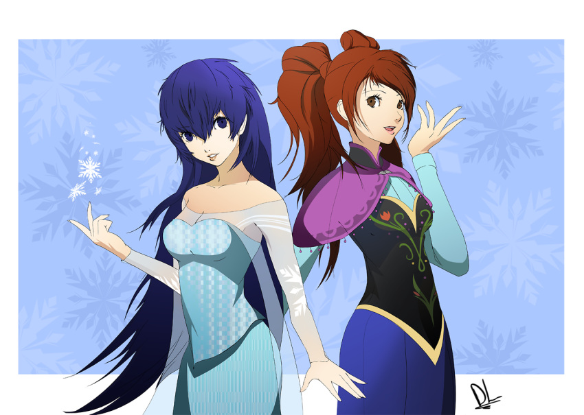 2girls anna_(frozen) anna_(frozen)_(cosplay) blue_eyes blue_hair brown_eyes brown_hair commentary cosplay dh_(brink_of_memories) dress elsa_(frozen) elsa_(frozen)_(cosplay) frozen_(disney) hair_between_eyes kujikawa_rise long_hair multiple_girls persona persona_4 persona_x_detective shirogane_naoto signature snowflakes strapless_dress twintails very_long_hair
