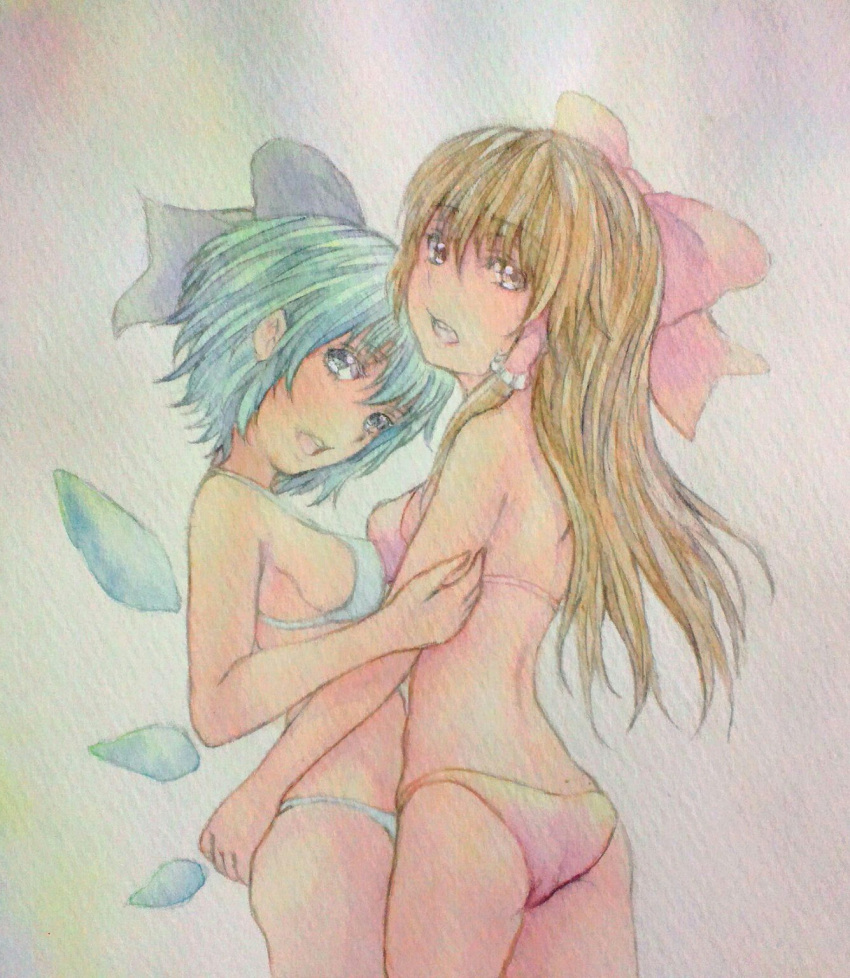 2girls alternate_costume back bikini blue_bikini bow breast_press brown_hair cirno cowboy_shot hair_bow hair_tubes hakurei_reimu hand_on_another's_ass height_difference highres hug ice ice_wings long_hair looking_at_viewer looking_to_the_side multiple_girls open_mouth purple_background red_bikini short_hair swimsuit symmetrical_docking touhou traditional_media very_long_hair watercolor_(medium) wings yuyu_(00365676)