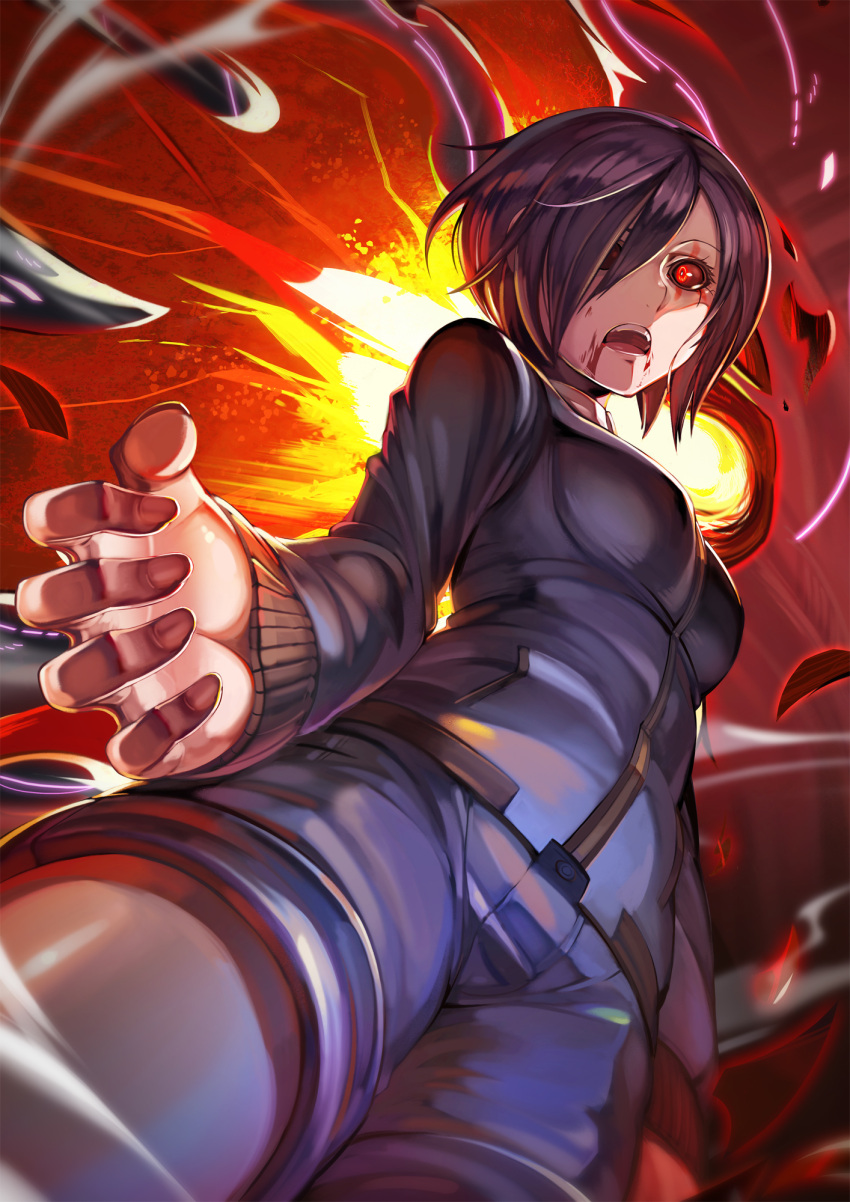 1girl black_sclera blood blood_from_mouth donarudo foreshortening from_below hands highres kirishima_touka open_mouth purple_hair red_eyes short_hair shorts solo tokyo_ghoul
