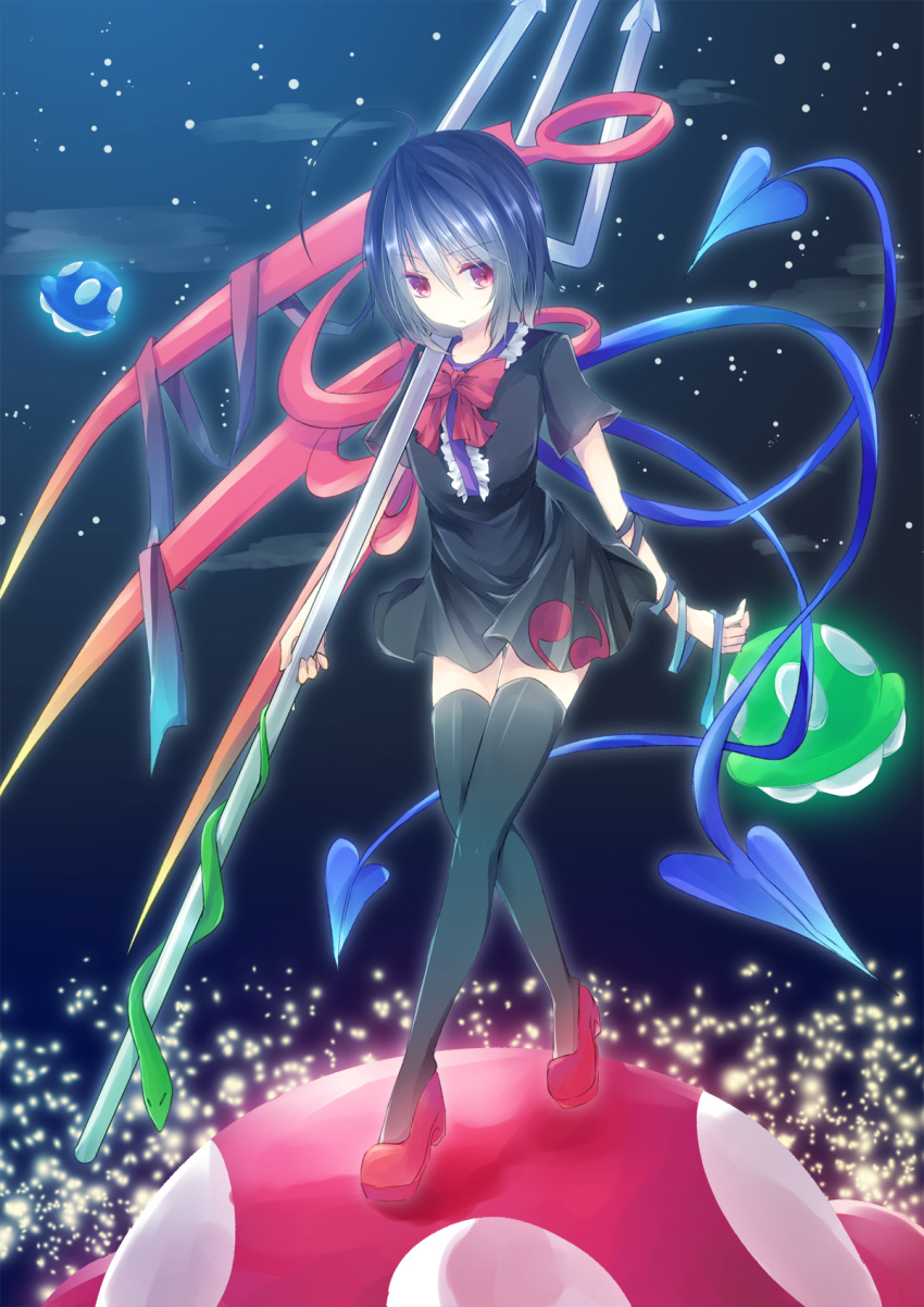 1girl asymmetrical_wings black_hair black_legwear black_skirt bow clouds cloudy_sky glowing highres houjuu_nue mary_janes moonlight night night_sky parted_lips polearm red_eyes ribbon shiki_no_haru shoes short_hair short_sleeves skirt sky snake standing_on_object star_(sky) thigh-highs touhou trident ufo weapon wings zettai_ryouiki
