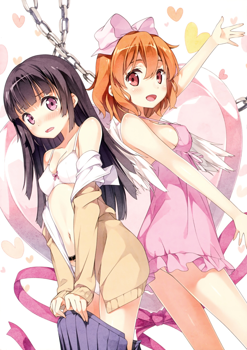 2girls absurdres back-to-back bare_legs bare_shoulders black_hair blush bow bow_bra bra breasts brown_hair chain cleavage hair_bow heart highres kantoku kanzaki_mitsuki kotobuki_hiyori lingerie long_hair long_sleeves multiple_girls negligee off_shoulder open_clothes open_mouth open_shirt saikin_imouto_no_yousuga_chotto_okashiindaga scan short_hair sideboob skirt skirt_pull sleeves_past_wrists underwear undressing v_arms violet_eyes wavy_mouth white_bra white_wings wings