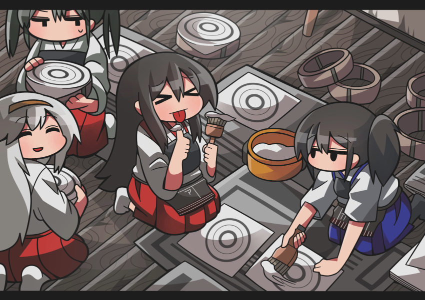 &gt;_&lt; 4girls akagi_(kantai_collection) black_hair hairband highres kaga_(kantai_collection) kakuzatou_(koruneriusu) kantai_collection long_hair multiple_girls muneate open_mouth paintbrush pleated_skirt seiza shoukaku_(kantai_collection) side_ponytail sitting skirt smile sweat tagme target_practice tongue tongue_out twintails white_hair zuikaku_(kantai_collection)