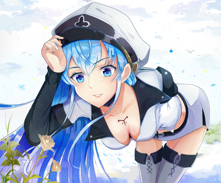 1girl akame_ga_kill! arm_behind_back bent_over blue_eyes blue_hair boots breasts cleavage downblouse esdeath flower hat l.bou long_hair military military_uniform parted_lips peaked_cap signature skirt smile solo thigh_boots thighhighs uniform