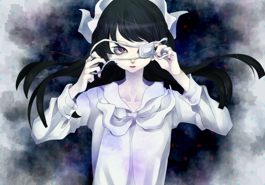 1girl black_hair bust eyepatch highres lips long_hair looking_at_viewer nail_polish red_eyes red_nails solo urbangarde