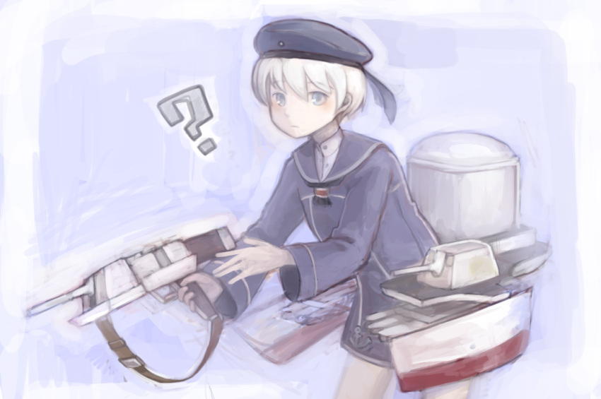 1girl ? akiho_hayuu beret blue_eyes blush bottomless buttons hat holding holding_weapon kantai_collection leaning leaning_forward long_sleeves looking_at_viewer machinery military military_uniform neckerchief sailor_collar short_hair solo turret uniform weapon white_hair z1_leberecht_maass_(kantai_collection)
