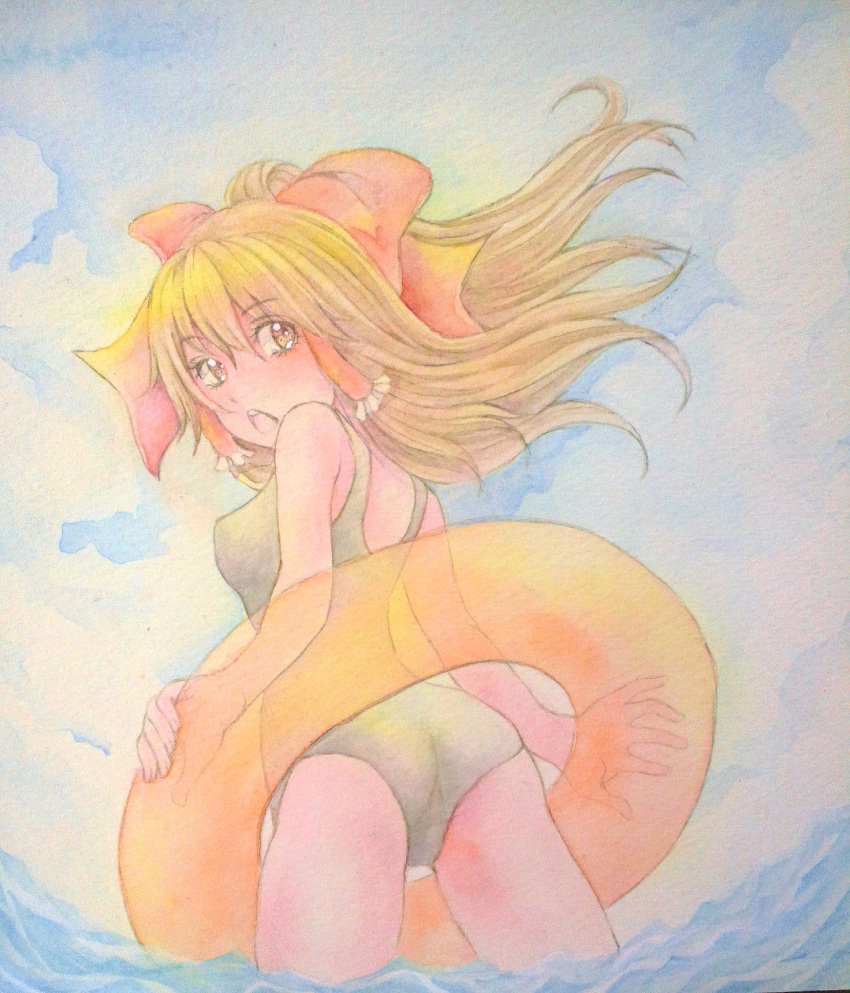 1girl alternate_costume ass blue_skirt blush bow brown_eyes brown_hair clouds cloudy_sky cowboy_shot eyelashes hair_bow hair_tubes hakurei_reimu head_tilt highres innertube light_smile looking_at_viewer looking_back open_mouth ponytail school_swimsuit skirt sky solo swimsuit touhou traditional_media water watercolor_(medium) yuyu_(00365676)