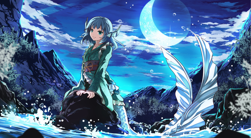 1girl arm_support blue_eyes blue_hair blurry clouds crescent_moon depth_of_field green_eyes head_fins highres in_water japanese_clothes long_sleeves looking_at_viewer mermaid monster_girl moon mountain nature night night_sky obi revision risutaru river sash short_hair sky smile solo stone touhou wakasagihime water water_droplets wide_sleeves