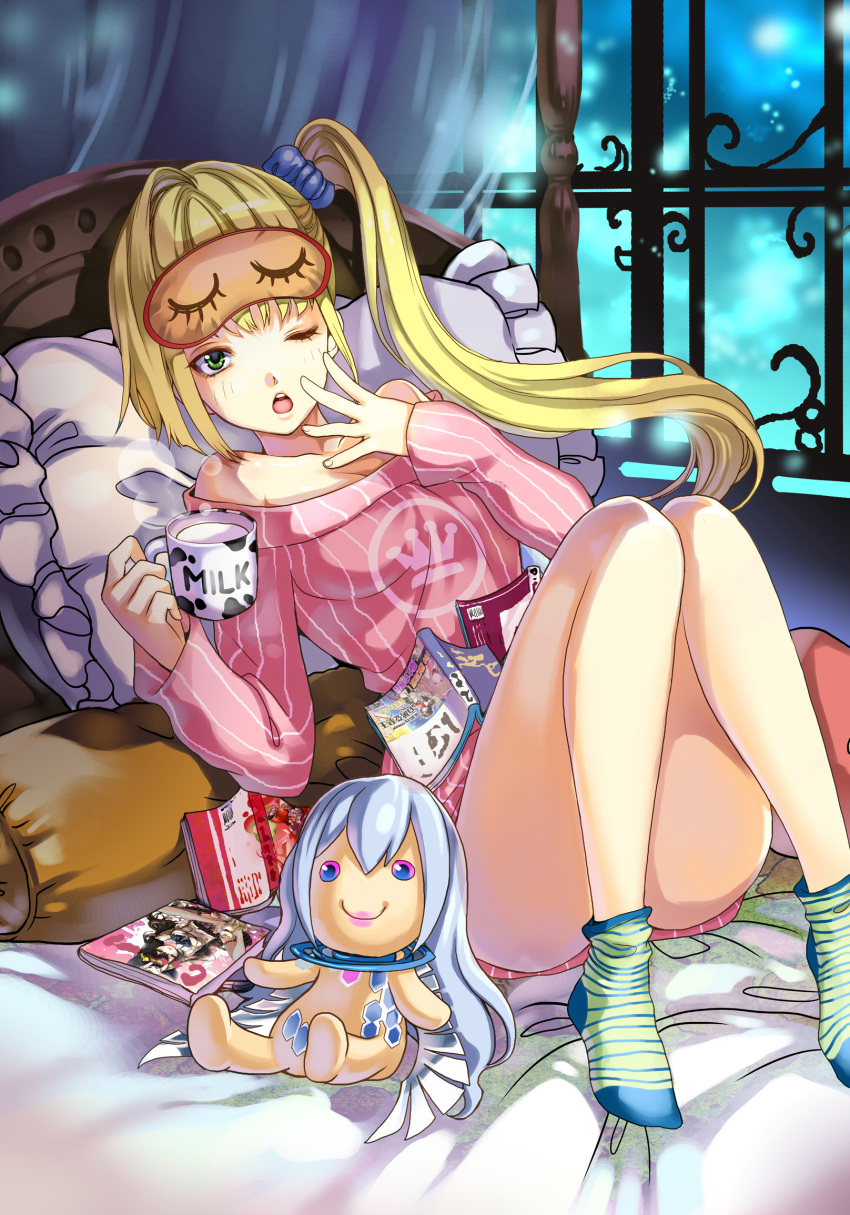 1girl :o bare_shoulders bed blonde_hair book breasts chushengdao cup curtains doll green_eyes highres horizontal_stripes indoors kaku-san-sei_million_arthur knees_together_feet_apart legs long_sleeves looking_at_viewer lying magazine milk off_shoulder on_bed one_eye_closed open_magazine open_mouth pillow scrunchie shirt side_ponytail sleep_mask sleepwear socks striped striped_legwear striped_shirt tagme vertical_stripes window yawning