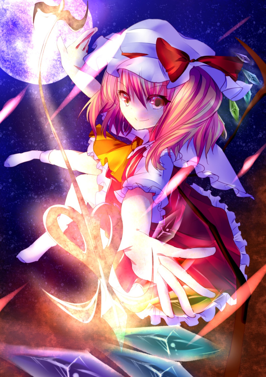 1girl ascot blonde_hair bow flandre_scarlet foreshortening full_moon glowing hat highres laevatein moon night red_eyes ribbon short_hair side_ponytail slnc're495 smile solo touhou wings