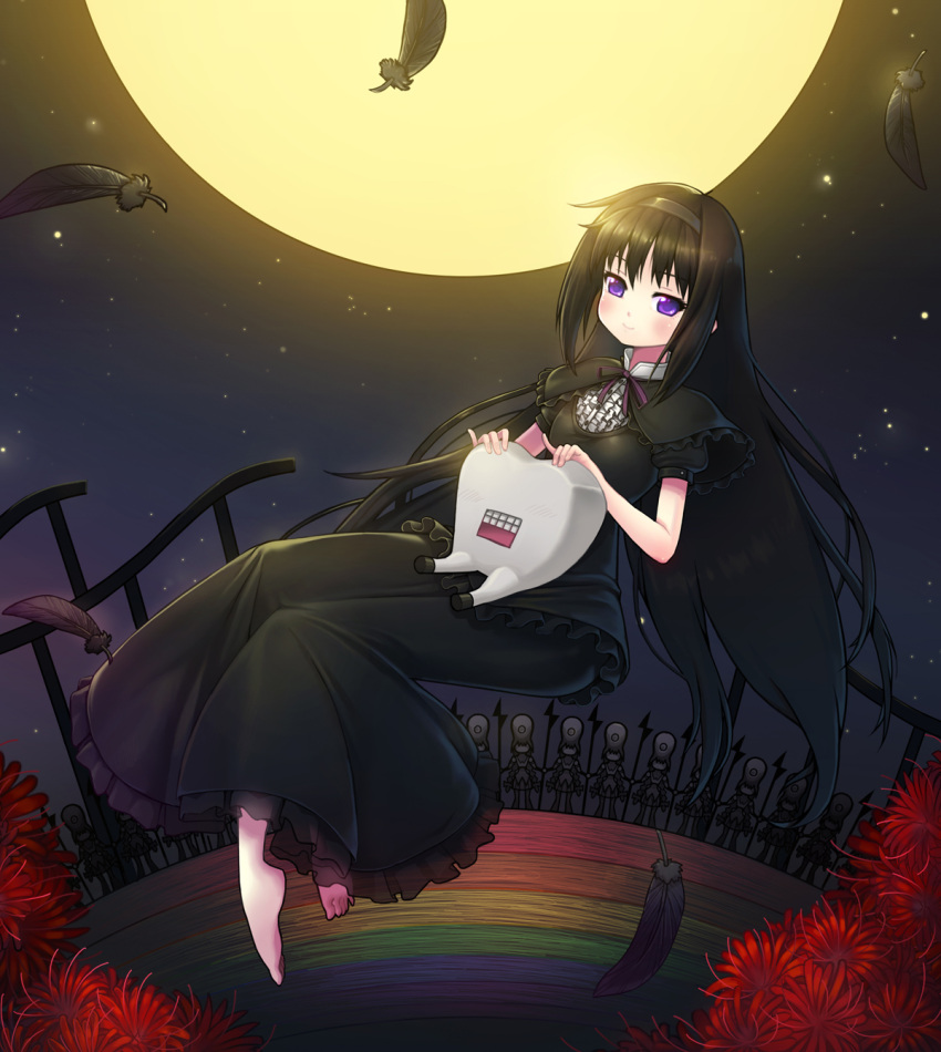 1girl akemi_homura barefoot black_hair braid dress familiar_(madoka_magica) feathers floating flower full_moon funeral_dress hairband highres k1_(erin22) lilia_(madoka_magica) long_hair looking_at_viewer lotte_(madoka_magica) mahou_shoujo_madoka_magica mahou_shoujo_madoka_magica_movie moon night night_sky polearm sky smile spear spider_lily spoilers tooth twin_braids violet_eyes weapon