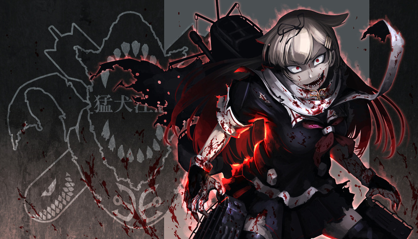 1girl blonde_hair blood blood_on_face bloody_clothes constricted_pupils fingerless_gloves gloves hair_ornament hair_ribbon hairclip hetza_(hellshock) kantai_collection long_hair mecha_musume open_mouth red_eyes ribbon scarf school_uniform serafuku sharp_teeth skirt solo torn_clothes yuudachi_(kantai_collection)