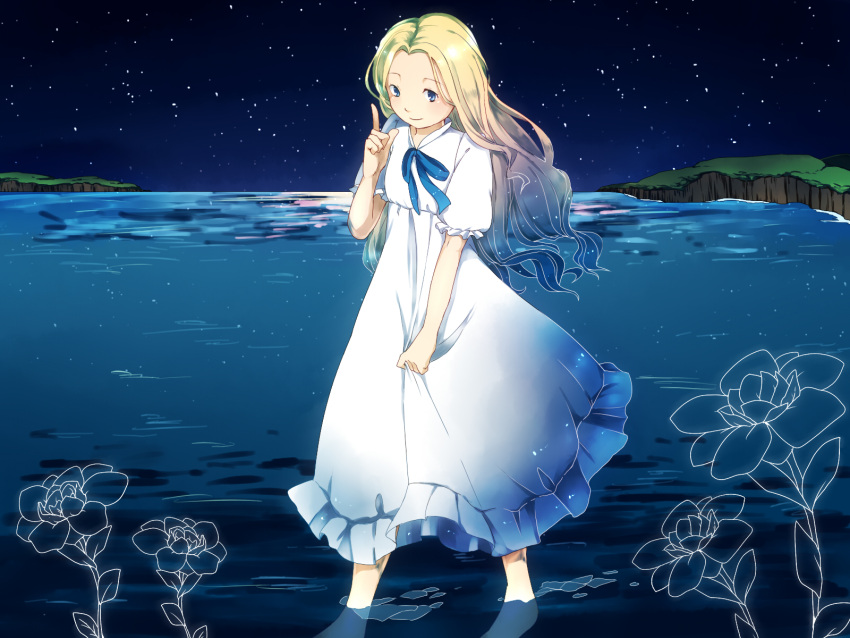 1girl barefoot blonde_hair clothes_grab dress flower highres houmatsu_musume index_finger_raised long_hair looking_at_viewer marnie night night_sky omoide_no_marnie puffy_short_sleeves puffy_sleeves ribbon short_sleeves sky solo star_(sky) starry_sky wading water white_dress