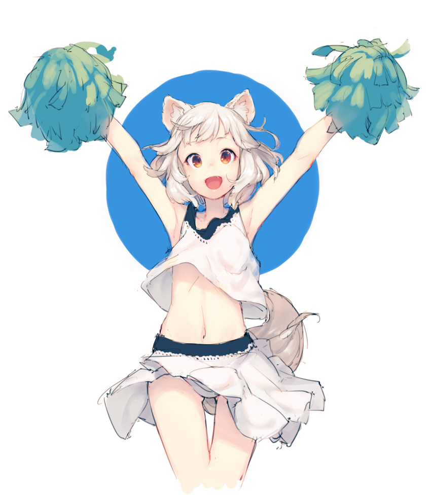 1girl alternate_costume animal_ears armpits arms_up cheerleader commentary fang highres inubashiri_momiji jumping junwool looking_at_viewer midriff navel open_mouth panties pom_poms red_eyes short_hair simple_background smile solo tail touhou underwear white_hair white_panties wolf_ears wolf_tail