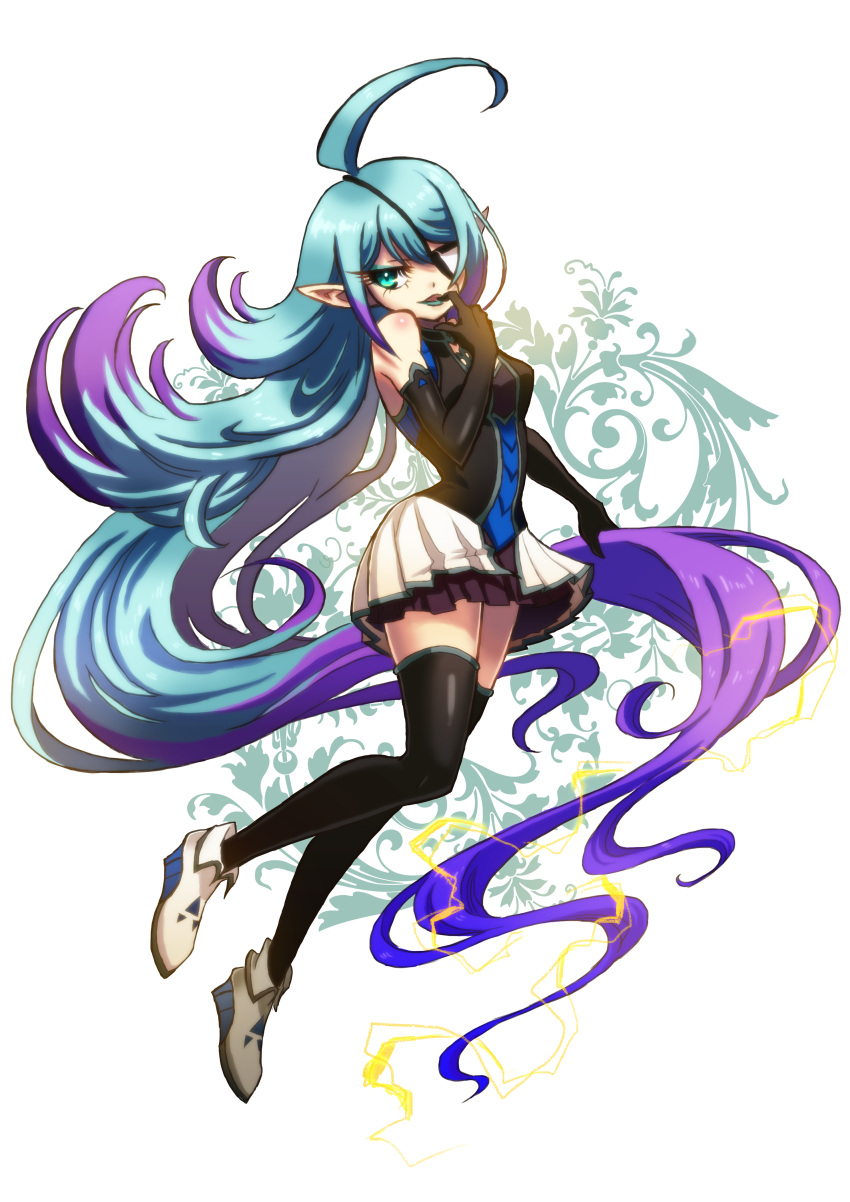 1girl absurdly_long_hair absurdres ahoge blue_hair elbow_gloves electricity eyepatch gloves highres hilary_flail inazuma_eleven_(series) inazuma_eleven_go inazuma_eleven_go_galaxy karamatsu_olarch long_hair multicolored_hair pointy_ears purple_hair solo thigh-highs two-tone_hair very_long_hair