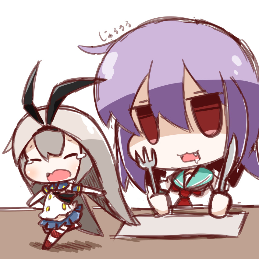 2girls :3 absurdres antennae butter_knife chibi cockroach crying drooling fang fork gokicha highres holding insect kantai_collection multiple_girls nuu_(nu-nyu) open_mouth parody pleated_skirt purple_hair red_eyes running school_uniform serafuku shimakaze_(kantai_collection) short_hair silver_hair sketch skirt striped striped_legwear tama_(kantai_collection) tears translated