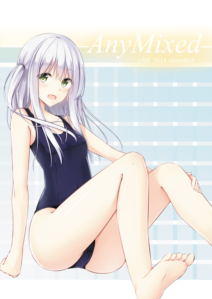 1girl :d absurdres bangs barefoot blue_swimsuit blush clenched_hand dated full_body gradient gradient_background green_eyes hair_over_shoulder hand_on_own_knee highres legs long_hair looking_at_viewer one-piece_swimsuit one_side_up open_mouth original school_swimsuit scrunchie side_ponytail sitting small_breasts smile soles solo swimsuit text toes tsuchikure_(3105mitoko) white_hair wide_hips