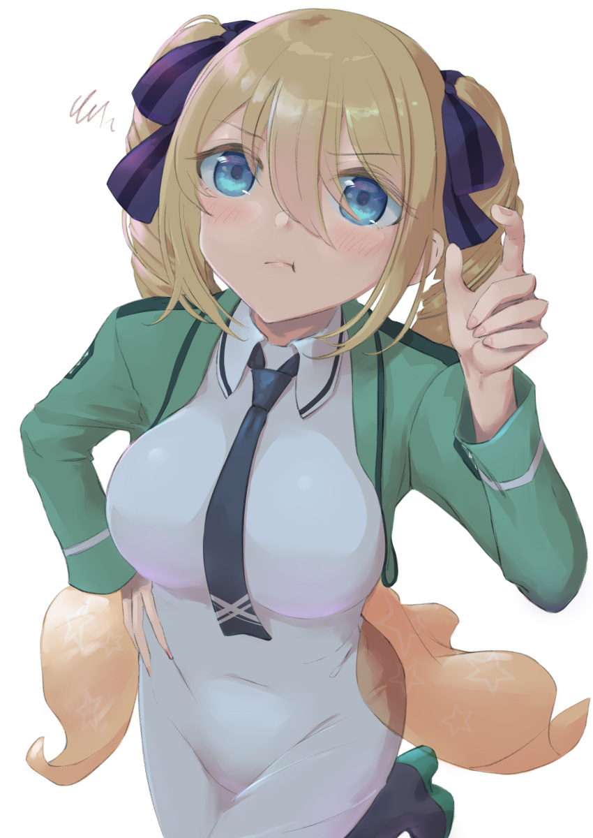 1girl :t absurdres angelina_kudou_shields blonde_hair blue_eyes blush breasts covered_navel green_jacket hair_between_eyes hand_on_hip highres jacket long_hair looking_at_viewer mahouka_koukou_no_rettousei necktie purple_ribbon ribbon solo squiggle standing standing_on_one_leg twintails umirororo