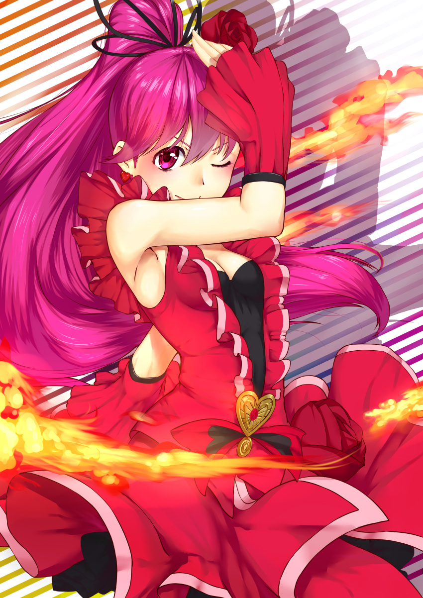 1girl absurdres aino_megumi alternate_form armpits cherry_flamenco cru cure_lovely detached_sleeves dress fire flower frills hair_flower hair_ornament happinesscharge_precure! highres long_hair magical_girl one_eye_closed pink_eyes pink_hair ponytail precure red_dress red_rose rose shadow smile solo striped striped_background very_long_hair