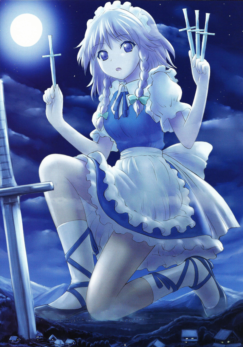 1girl :o absurdres ankle_lace-up blue_eyes braid clouds cloudy_sky cross-laced_footwear giantess highres izayoi_sakuya knife macro maid maid_headdress manzi moon night night_sky open_mouth planted_knife planted_weapon ribbon shoes short_hair silver_hair size_difference sky socks solo star_(sky) starry_sky touhou twin_braids weapon white_legwear