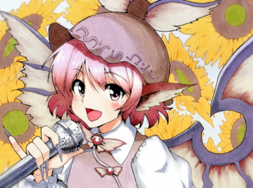 1girl :d animal_ears claws fingernails floral_background flower hat long_fingernails marker_(medium) microphone millipen_(medium) mystia_lorelei nail_polish open_mouth pink_eyes pink_hair pinky_out shiratama_(hockey) short_hair singing smile solo sunflower touhou traditional_media wings