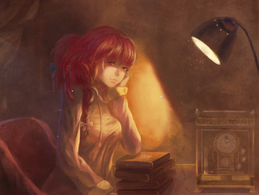 1girl absurdres book_stack bow braid chair clock dress elbow_rest eyelashes hair_bow head_rest highres indoors lamp light light_smile lips long_hair long_sleeves looking_at_viewer magician_(china) nose okazaki_yumemi red_eyes redhead roman_numerals single_braid sitting solo table touhou touhou_(pc-98)