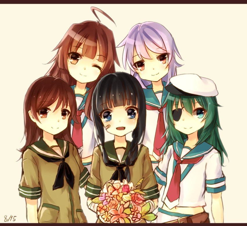 6+girls ahoge aqua_eyes bandage_on_face bandages bangs black_hair blue_eyes blunt_bangs bouquet braid brown_hair crying crying_with_eyes_open dated eyepatch flower green_hair group_picture happy hat highres kantai_collection kiso_(kantai_collection) kitakami_(kantai_collection) kuma_(kantai_collection) letterboxed long_hair looking_at_viewer midriff moru_(mzk17652) multiple_girls neckerchief one_eye_closed ooi_(kantai_collection) red_eyes sailor_collar sailor_hat school_uniform serafuku short_hair single_braid smile tama_(kantai_collection) tears violet_eyes